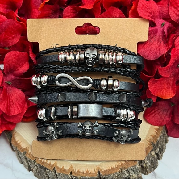 5 Pcs Set Punk Rock Infinity Skull Braided Leather Rope Bracelets - Picture 6 of 14